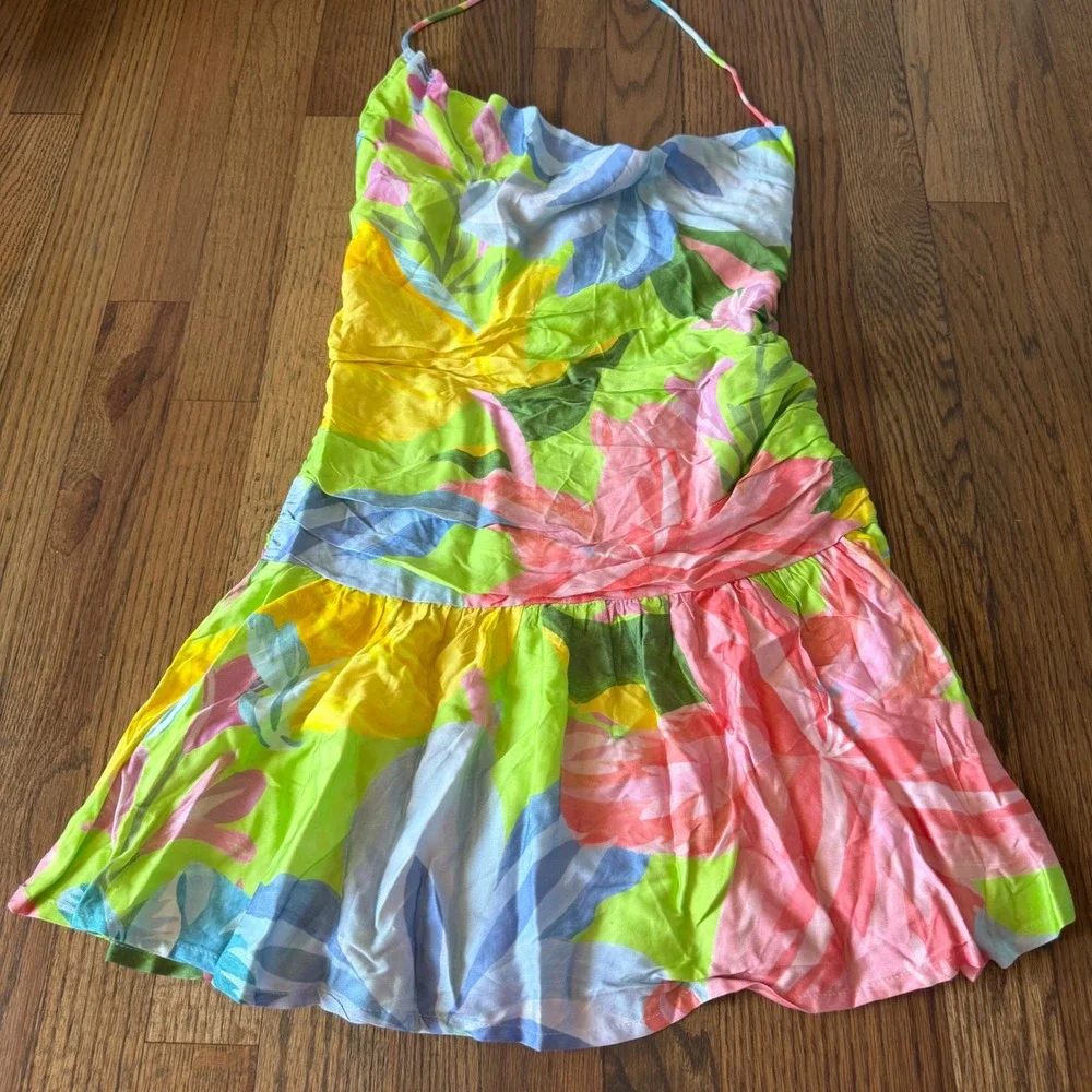 Farm Rio Love of Flower Short Dress Neon Floral Draped Cowl Neck Open Back Sz S - Picture 11 of 16